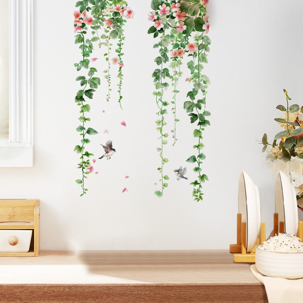 COVPAW Wall Stickers Tropical Plants Flower Vine Butterfly Parrot Bird Home Decor Nature Living Room Children's Room Bedroom Deco, Self Adhesive, Removable and Waterproof