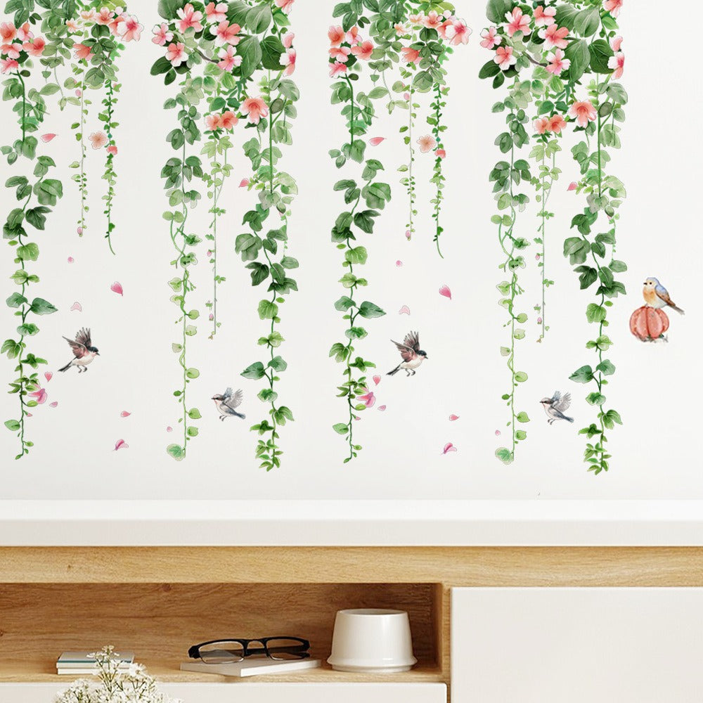 COVPAW Wall Stickers Tropical Plants Flower Vine Butterfly Parrot Bird Home Decor Nature Living Room Children's Room Bedroom Deco, Self Adhesive, Removable and Waterproof