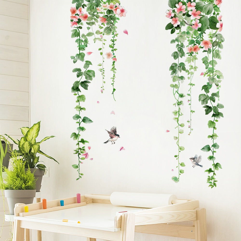 COVPAW Wall Stickers Tropical Plants Flower Vine Butterfly Parrot Bird Home Decor Nature Living Room Children's Room Bedroom Deco, Self Adhesive, Removable and Waterproof