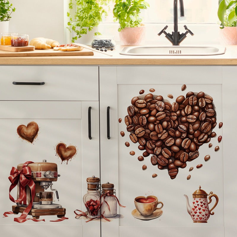 COVPAW Wall Sticker Coffee Heart Cafe Coffee Time Coffee Bean Valentine’s Day Cappuccino Latte macchiato Espresso Gift Home Decor Accent Living Room Kitchen Bedroom Flower Wall Decal Removable and Waterproof