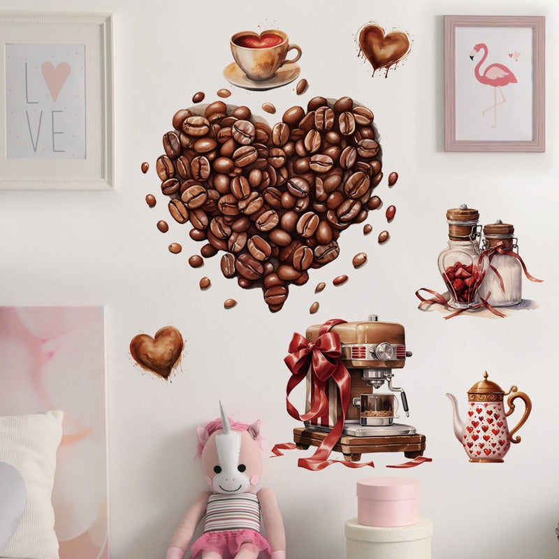 COVPAW Wall Sticker Coffee Heart Cafe Coffee Time Coffee Bean Valentine’s Day Cappuccino Latte macchiato Espresso Gift Home Decor Accent Living Room Kitchen Bedroom Flower Wall Decal Removable and Waterproof