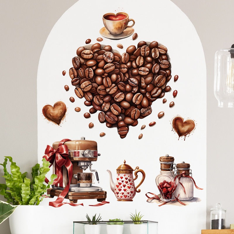 COVPAW Wall Sticker Coffee Heart Cafe Coffee Time Coffee Bean Valentine’s Day Cappuccino Latte macchiato Espresso Gift Home Decor Accent Living Room Kitchen Bedroom Flower Wall Decal Removable and Waterproof