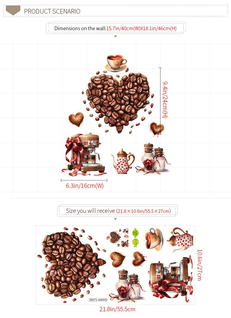 COVPAW Wall Sticker Coffee Heart Cafe Coffee Time Coffee Bean Valentine’s Day Cappuccino Latte macchiato Espresso Gift Home Decor Accent Living Room Kitchen Bedroom Flower Wall Decal Removable and Waterproof