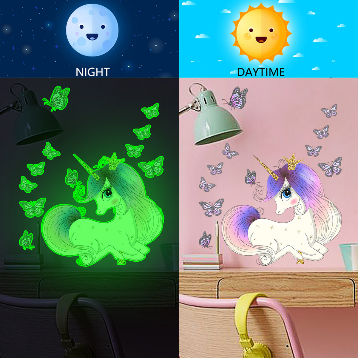 COVPAW Self-illuminating Wall Stickers Unicorn Kids Nursery Baby Children's Room Bedroom Deco Boy Girl, Self Adhesive, Removable and Waterproof