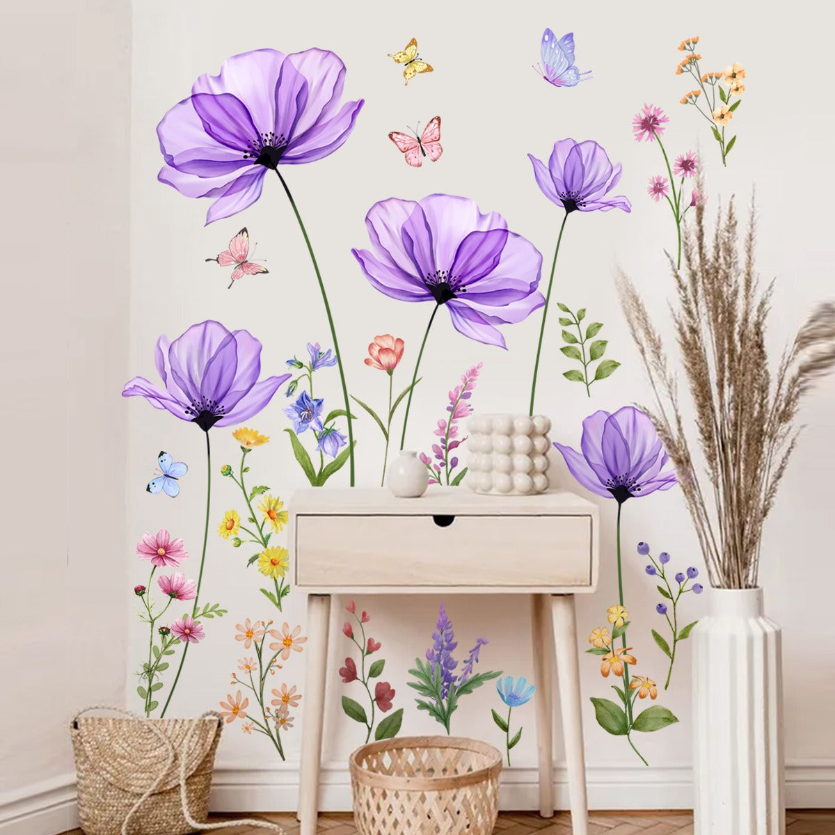 COVPAW Wall Stickers Purple Flower Butterfly Home Decor Nature Living Room Children's Room Bedroom Deco, Self Adhesive, Removable and Waterproof