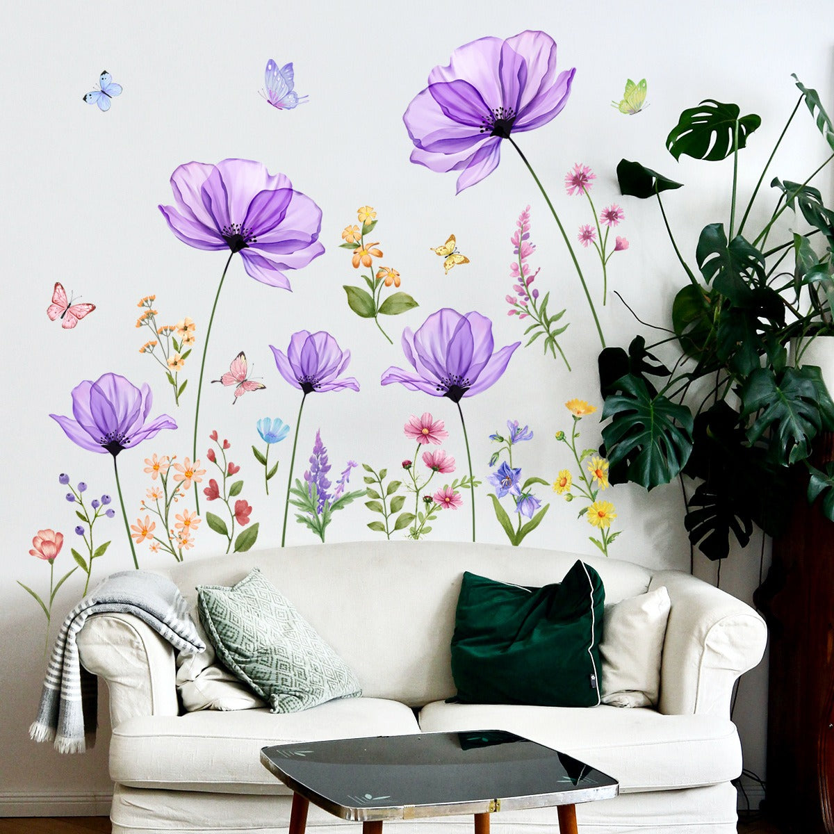 COVPAW Wall Stickers Purple Flower Butterfly Home Decor Nature Living Room Children's Room Bedroom Deco, Self Adhesive, Removable and Waterproof
