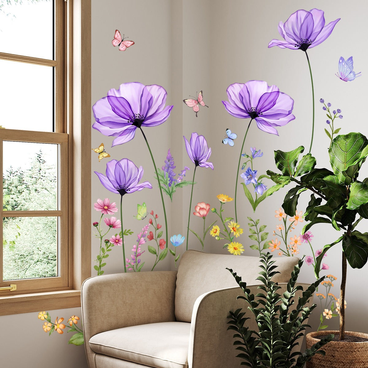 COVPAW Wall Stickers Purple Flower Butterfly Home Decor Nature Living Room Children's Room Bedroom Deco, Self Adhesive, Removable and Waterproof