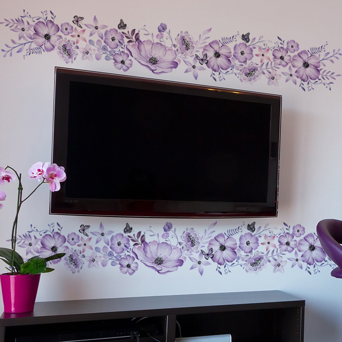 COVPAW Wall Stickers Purple Flower Vine Butterfly Home Decor Nature Living Room Children's Room Bedroom Deco, Self Adhesive, Removable and Waterproo