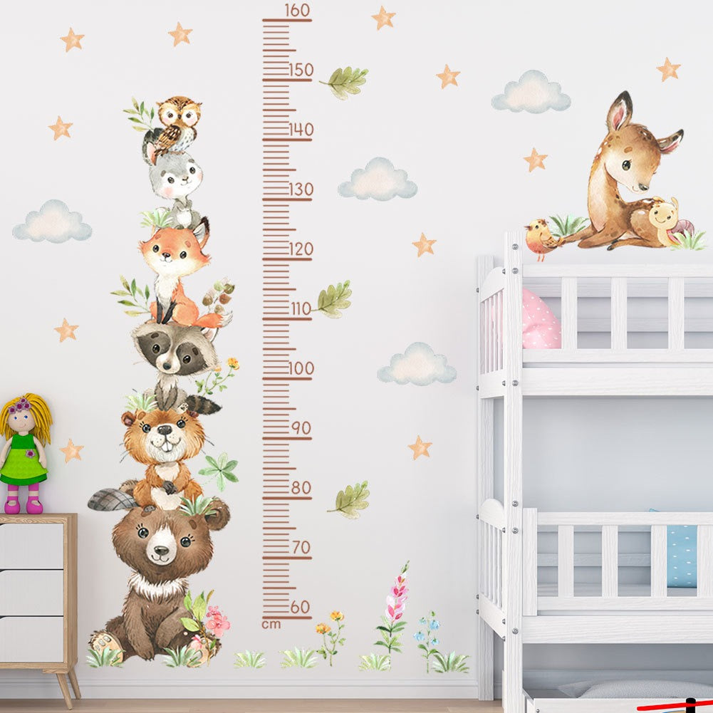 COVPAW Wall Stickers Height Measure Animals Tower Cloud Kids Nursery Baby Children's Room Bedroom Deco Boy Girl, Self Adhesive, Removable and Waterproof Bears, Foxes, Owls, Deer