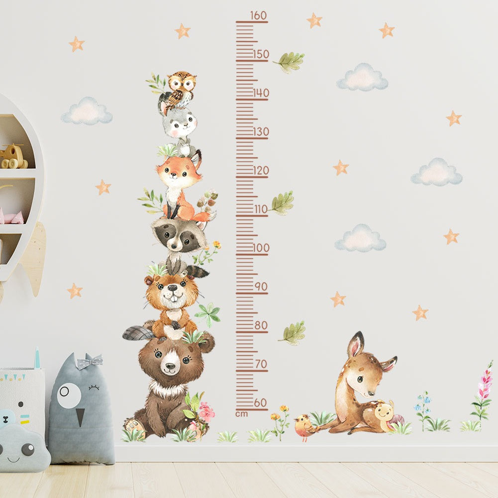 COVPAW Wall Stickers Height Measure Animals Tower Cloud Kids Nursery Baby Children's Room Bedroom Deco Boy Girl, Self Adhesive, Removable and Waterproof Bears, Foxes, Owls, Deer
