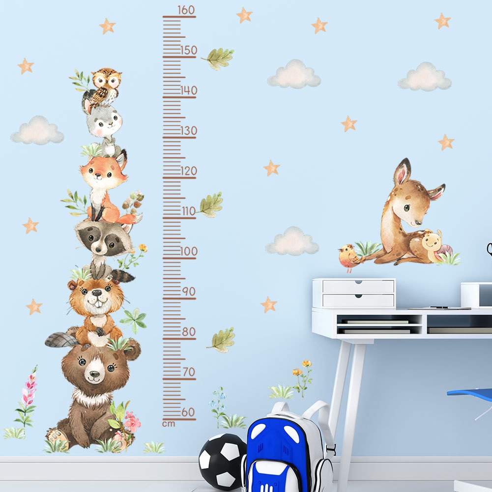 COVPAW Wall Stickers Height Measure Animals Tower Cloud Kids Nursery Baby Children's Room Bedroom Deco Boy Girl, Self Adhesive, Removable and Waterproof Bears, Foxes, Owls, Deer