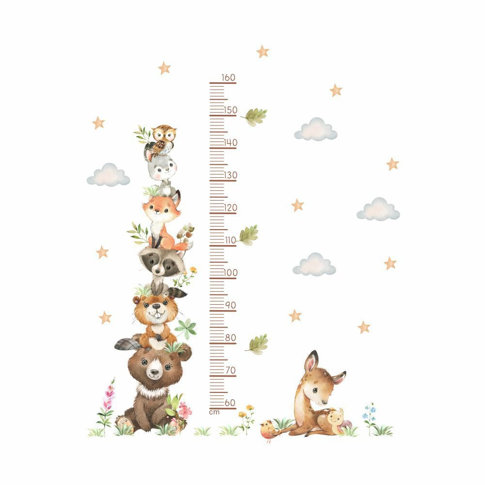 COVPAW Wall Stickers Height Measure Animals Tower Cloud Kids Nursery Baby Children's Room Bedroom Deco Boy Girl, Self Adhesive, Removable and Waterproof Bears, Foxes, Owls, Deer