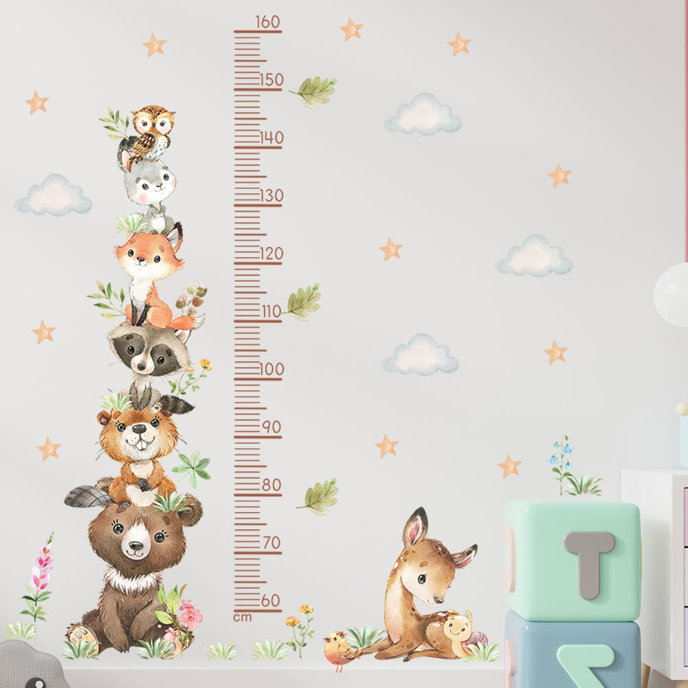 COVPAW Wall Stickers Height Measure Animals Tower Cloud Kids Nursery Baby Children's Room Bedroom Deco Boy Girl, Self Adhesive, Removable and Waterproof Bears, Foxes, Owls, Deer