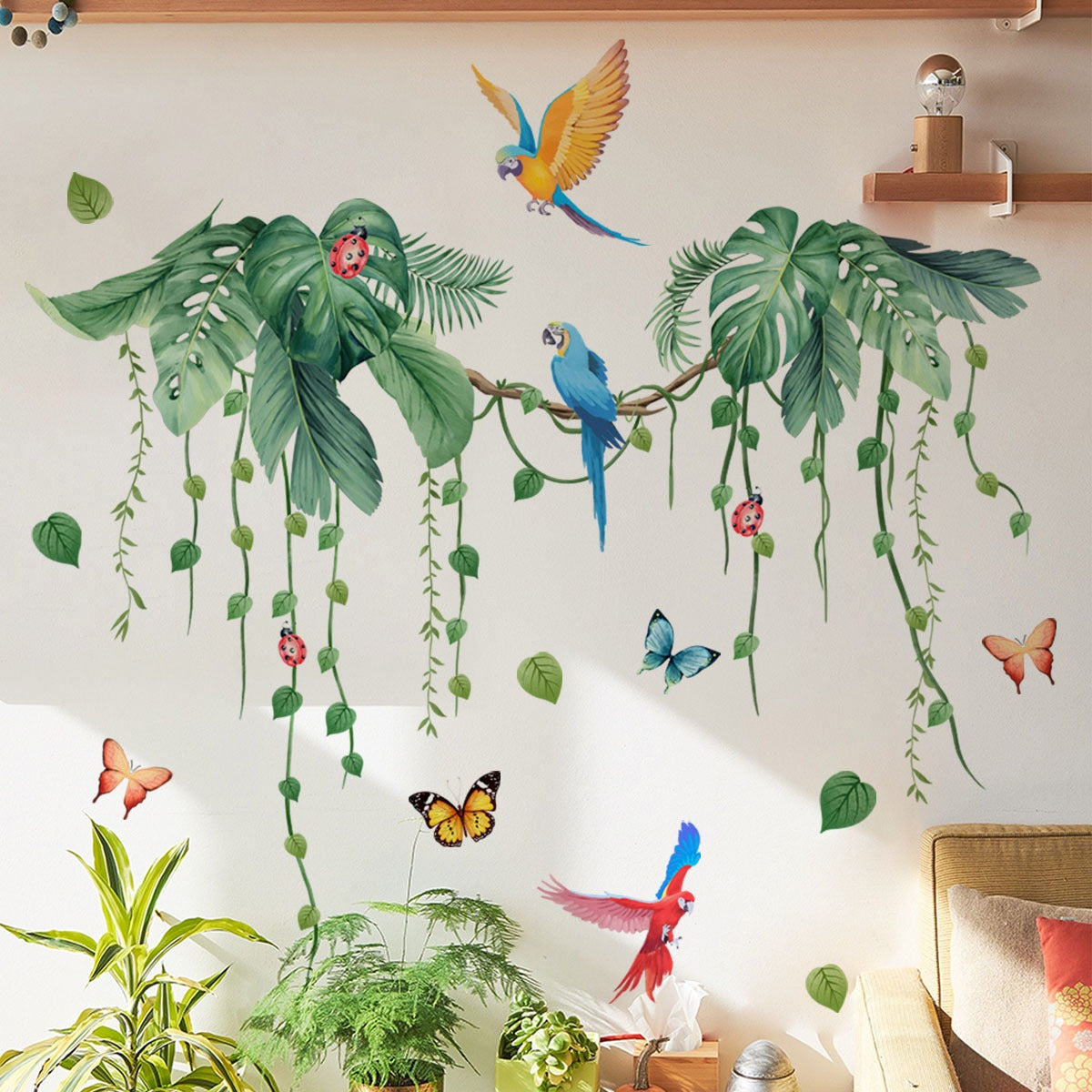 COVPAW Wall Stickers Tropical Plants Parrot Green Leaves Vine Butterflies Nature Home Office Decor Living Room Bedroom Children's Room Decoration Yoga, Self Adhesive, Removable and Waterproof