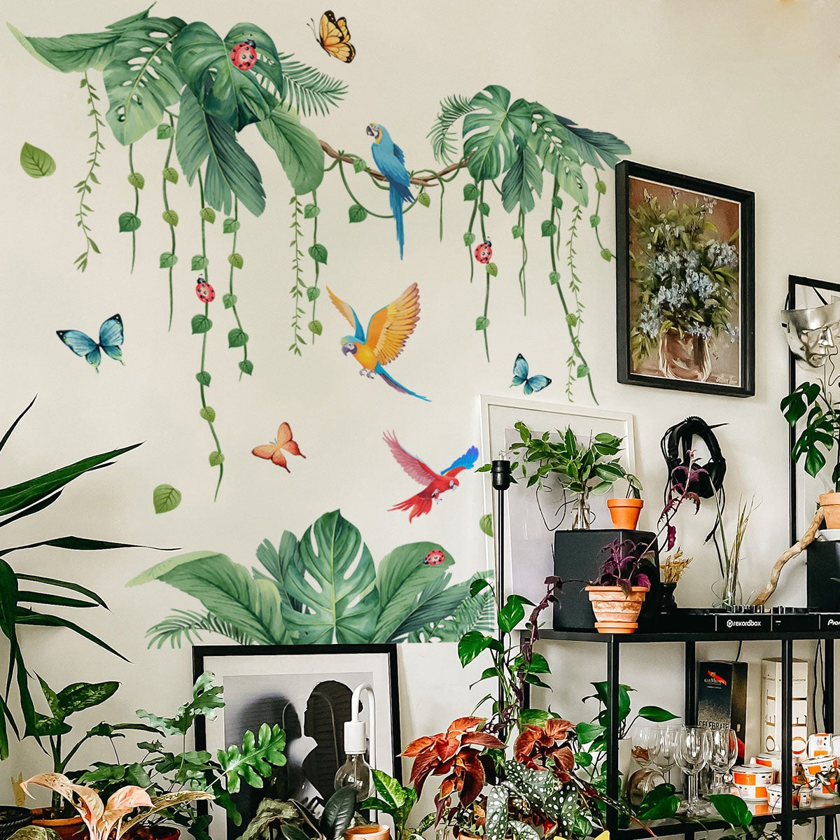 COVPAW Wall Stickers Tropical Plants Parrot Green Leaves Vine Butterflies Nature Home Office Decor Living Room Bedroom Children's Room Decoration Yoga, Self Adhesive, Removable and Waterproof