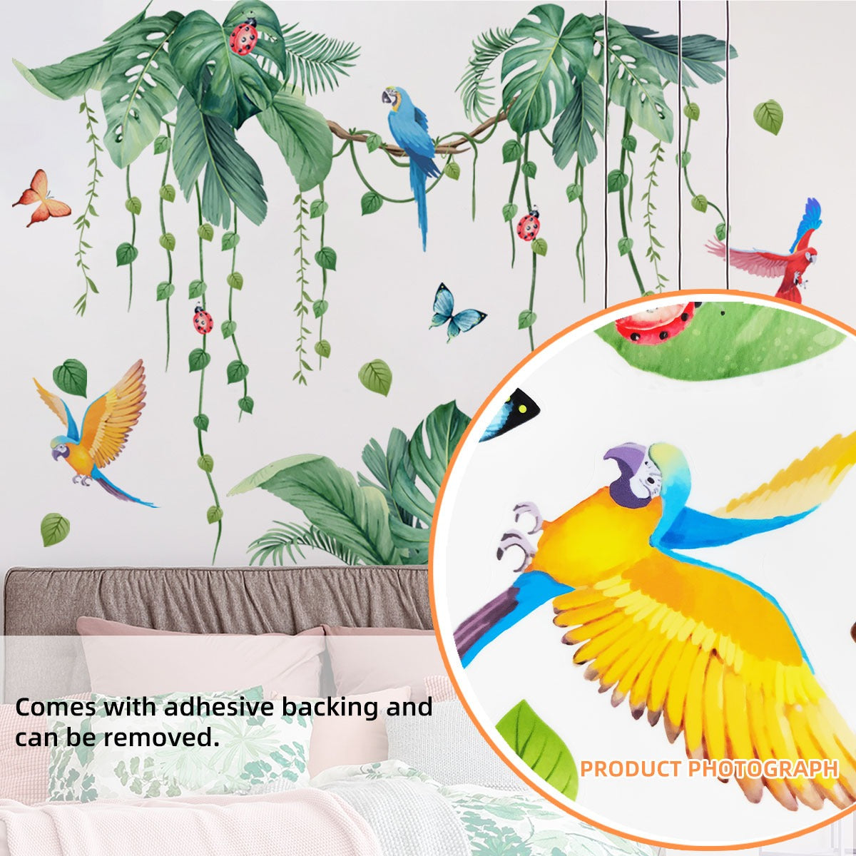 COVPAW Wall Stickers Tropical Plants Parrot Green Leaves Vine Butterflies Nature Home Office Decor Living Room Bedroom Children's Room Decoration Yoga, Self Adhesive, Removable and Waterproof