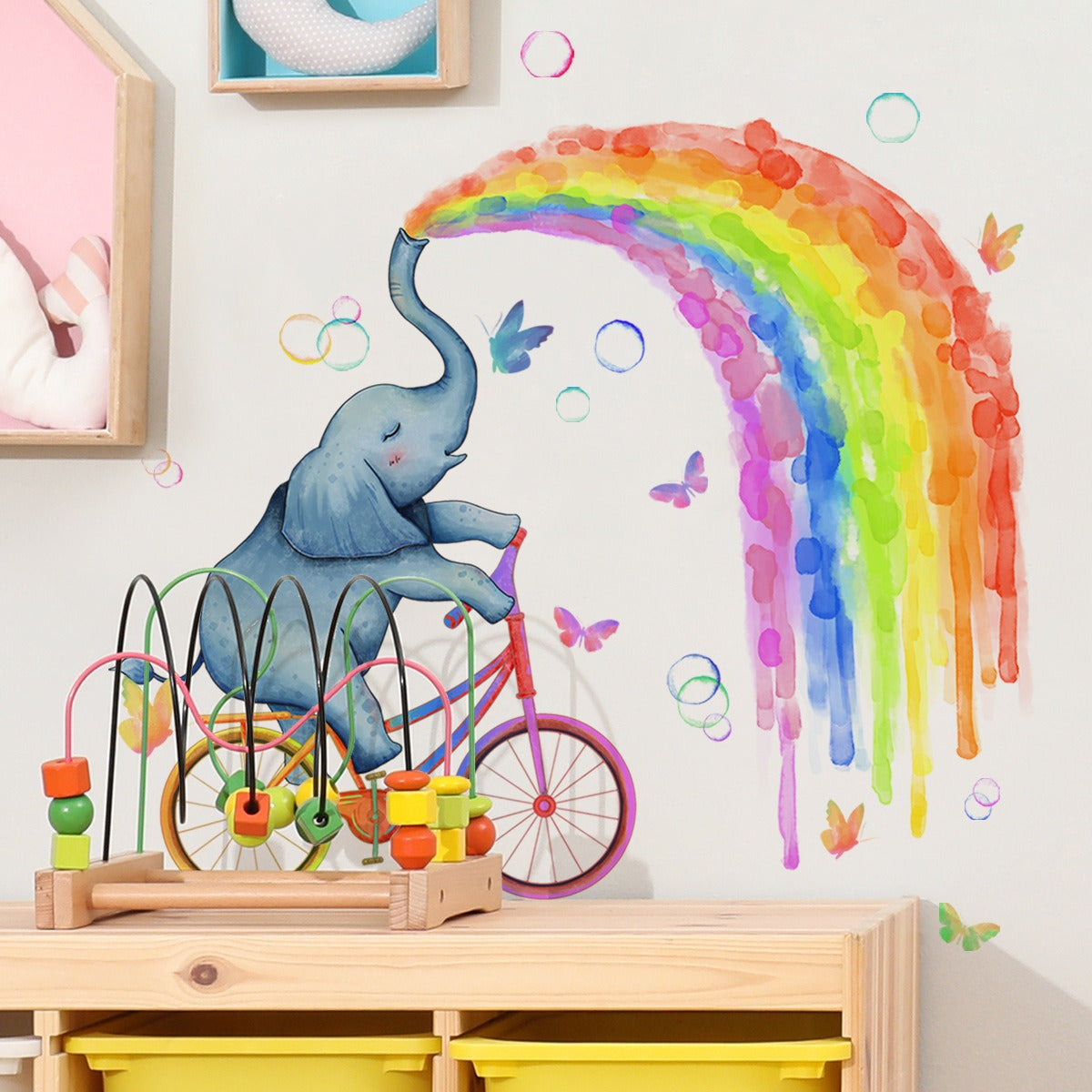 COVPAW Wall Stickers Baby Elephant riding a bike Rainbow ButterflyKids Nursery Baby Children's Room Bedroom Deco Boy Girl, Self Adhesive, Removable and Waterproof