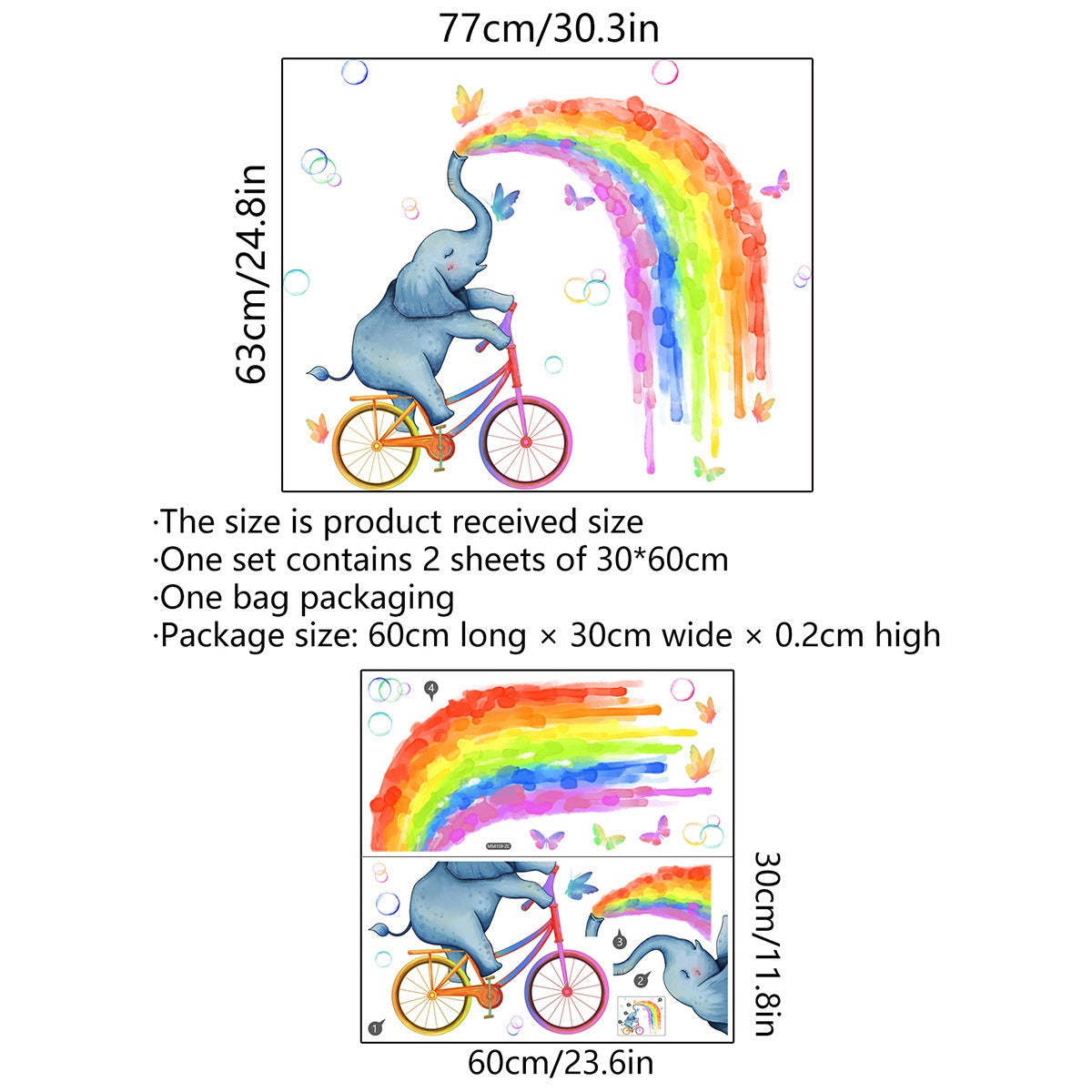 COVPAW Wall Stickers Baby Elephant riding a bike Rainbow ButterflyKids Nursery Baby Children's Room Bedroom Deco Boy Girl, Self Adhesive, Removable and Waterproof