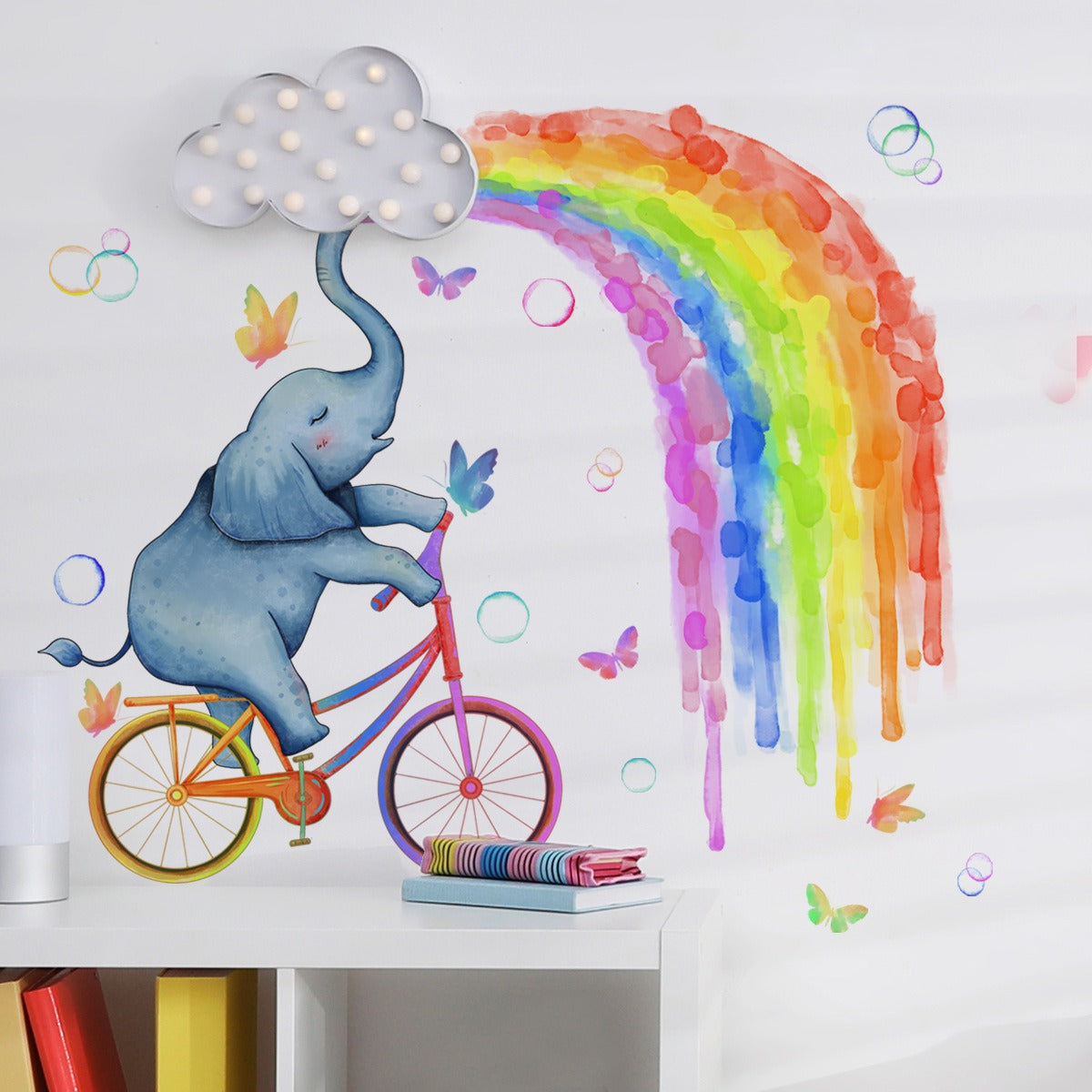 COVPAW Wall Stickers Baby Elephant riding a bike Rainbow ButterflyKids Nursery Baby Children's Room Bedroom Deco Boy Girl, Self Adhesive, Removable and Waterproof