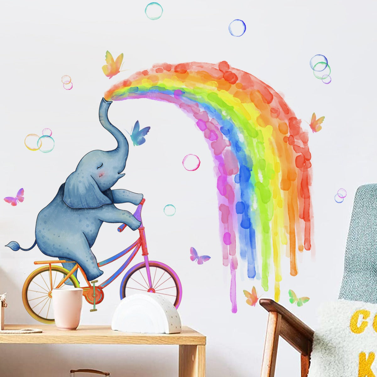 COVPAW Wall Stickers Baby Elephant riding a bike Rainbow ButterflyKids Nursery Baby Children's Room Bedroom Deco Boy Girl, Self Adhesive, Removable and Waterproof