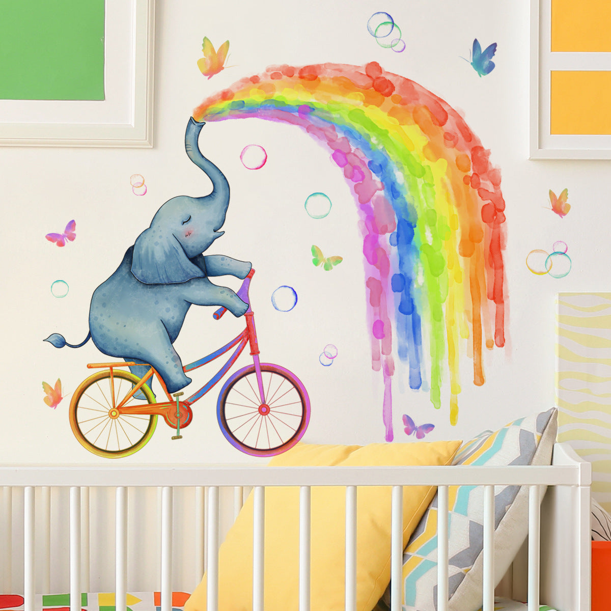 COVPAW Wall Stickers Baby Elephant riding a bike Rainbow ButterflyKids Nursery Baby Children's Room Bedroom Deco Boy Girl, Self Adhesive, Removable and Waterproof