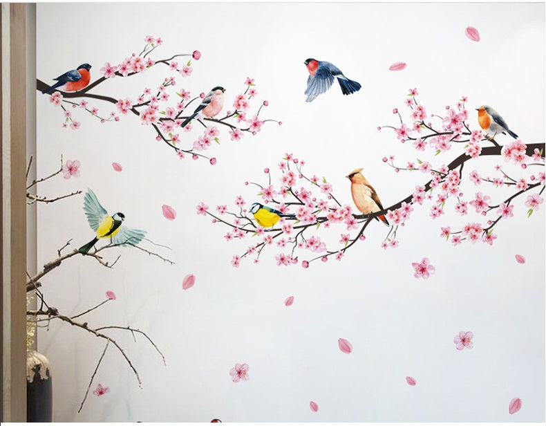 COVPAW Wandtattoo Wandaufkleber, Pfirsichblüte, Pfirsichbaum, Vogel, Frühling, Wohnzimmer, Schlafzimmer, Kinderzimmer, Schlafzimmer, Deko, Wandbild, Wandgemälde