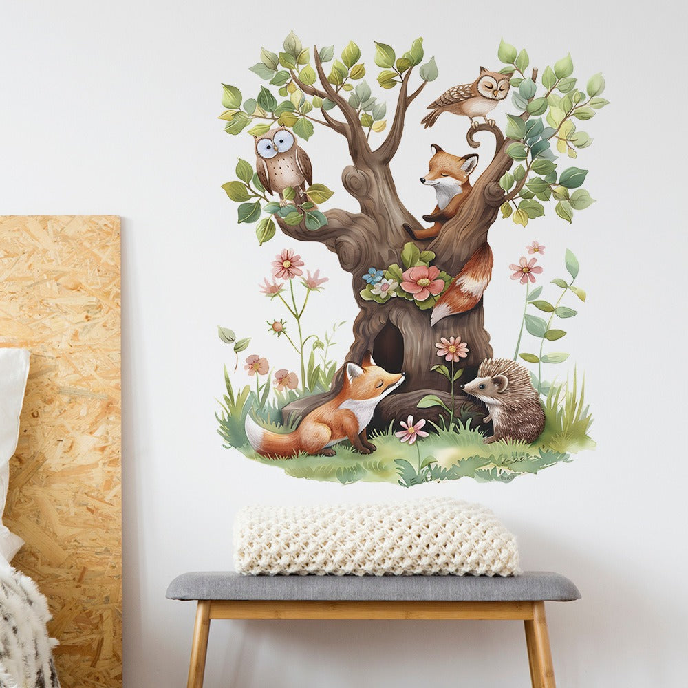 COVPAW Wall Stickers Big tree Treehouse Tree holes Fox Owl Hedgehog Animals Children's Gift Home Decor Living Room Bedroom Children's Room Decoration Mural Wall Picture Self Adhesive, Removable and Waterproof
