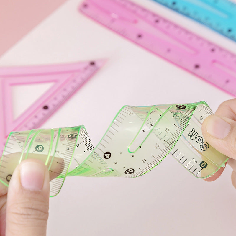 COVPAW Geometry Set Ruler Set Soft Ruler Bendable Protractor Triangle Ruler Clear Transparent Blue Green Pink for Student School Apply