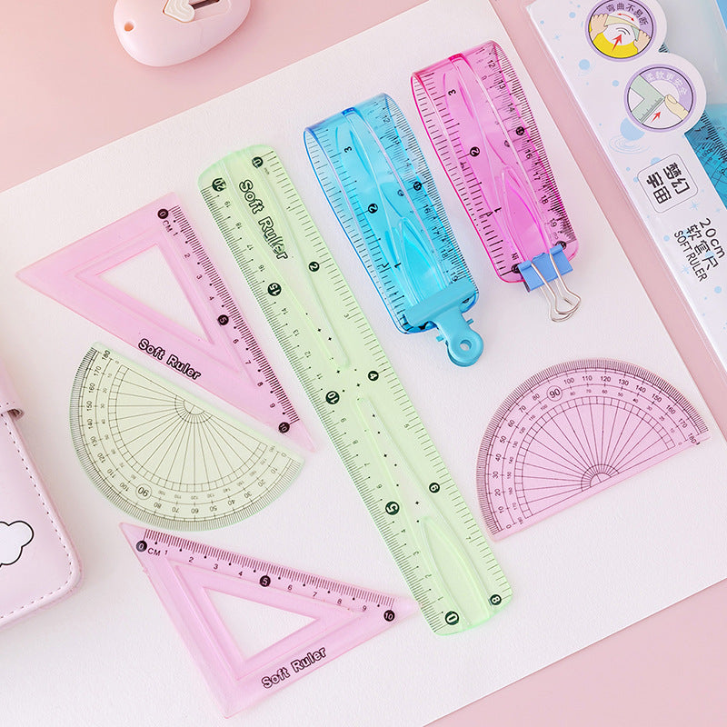 COVPAW Geometrie-Set, Lineal-Set, weiches Lineal, biegsam, Winkelmesser, Dreieck-Lineal, klar, transparent, blau, grün, rosa, für Schüler, Schule