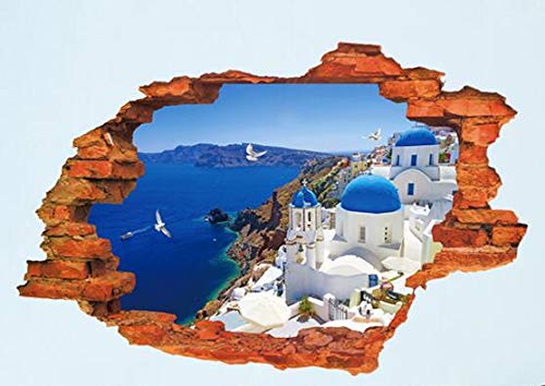 COVPAW Wall Stickers Decor Huge 3D Window Aegean Sea Santorini Living Room Bedroom Dec