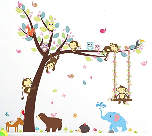 COVPAW Wall Stickers Decor Monkey Swing Tree Owls Jungle Zoo Bear Elephant Kids Nursery Baby Children's Room 139