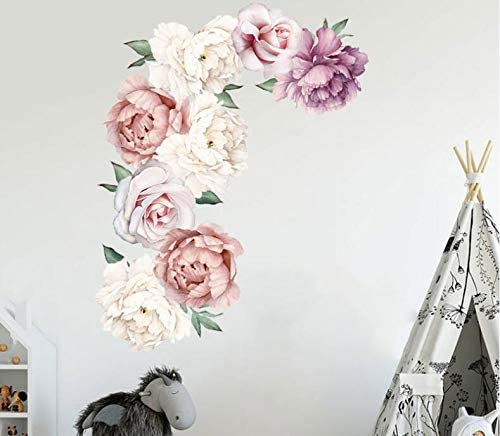 COVPAW Wall Sticker & Mural Peony Rose Vine Pink Home Decor Accent Living Room Bedroom Flower Wall Decal Corridor Stair Removable 63004