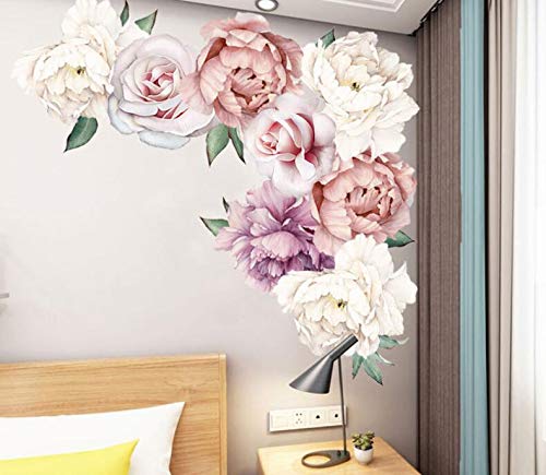COVPAW Wall Sticker & Mural Peony Rose Vine Pink Home Decor Accent Living Room Bedroom Flower Wall Decal Corridor Stair Removable 63004