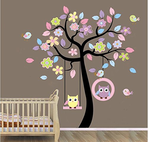 COVPAW Wall Stickers Decor Owls on Swing Tree Kids Nursery Baby Children's Room Decal