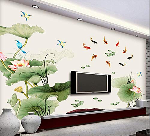 COVPAW Wall Stickers Lotus Pond Fish Flower Pink Purple Home Decor Lobby All Room Decal Removable Living Room Bedroom Corridor Stair