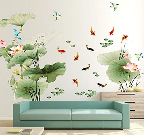 COVPAW Wall Stickers Decor Huge 3D Aquarium Lotus Fishes Sticker Wall Decor Floor Pool Lotus Home Room Lavatory