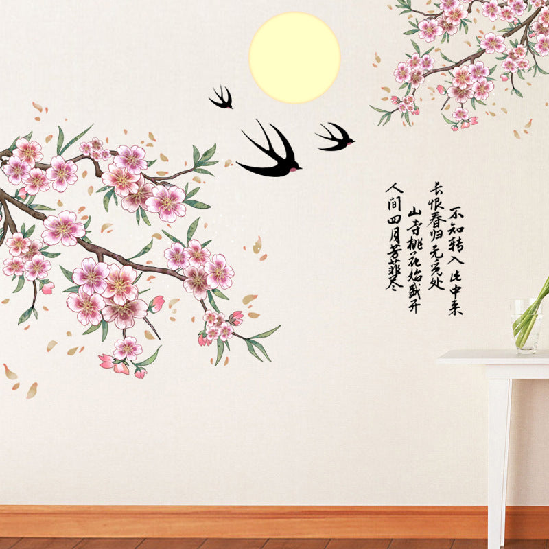 COVPAW® Wall Sticker XXL Peach Blossom Bird Chinese Poem Wall Sticker Mural Pictures Living Room Bedroom Kitchen Office Decoration Gift