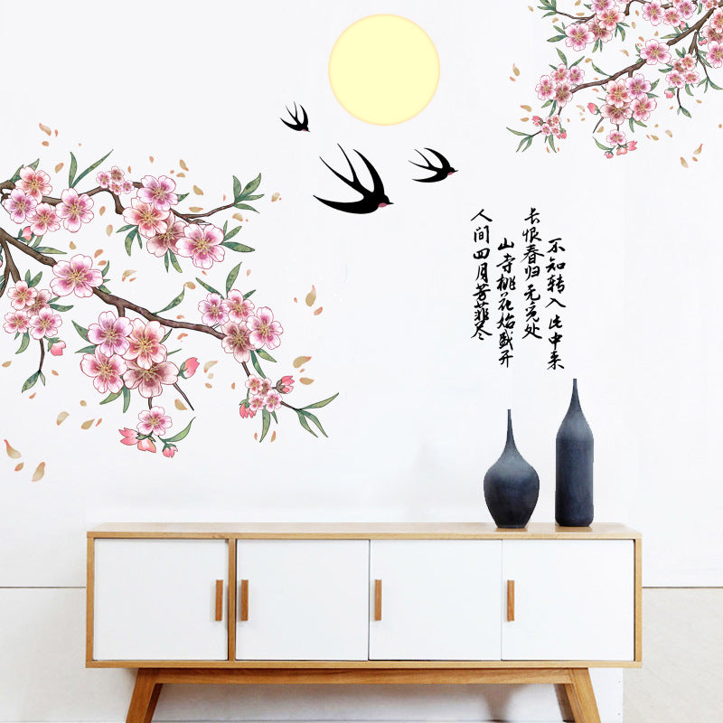 COVPAW® Wall Sticker XXL Peach Blossom Bird Chinese Poem Wall Sticker Mural Pictures Living Room Bedroom Kitchen Office Decoration Gift