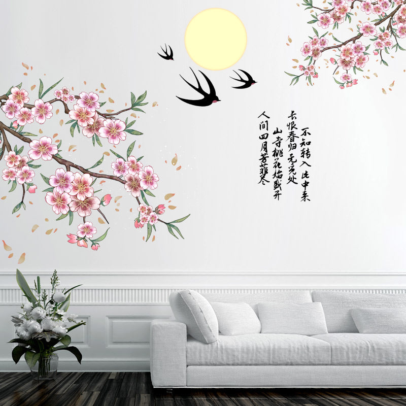 COVPAW® Wall Sticker XXL Peach Blossom Bird Chinese Poem Wall Sticker Mural Pictures Living Room Bedroom Kitchen Office Decoration Gift