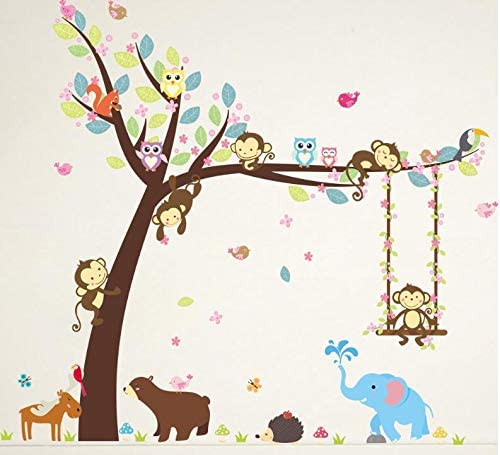 COVPAW Wall Stickers Decor Monkey Swing Tree Owls Jungle Zoo Bear Elephant Kids Nursery Baby Children's Room 139