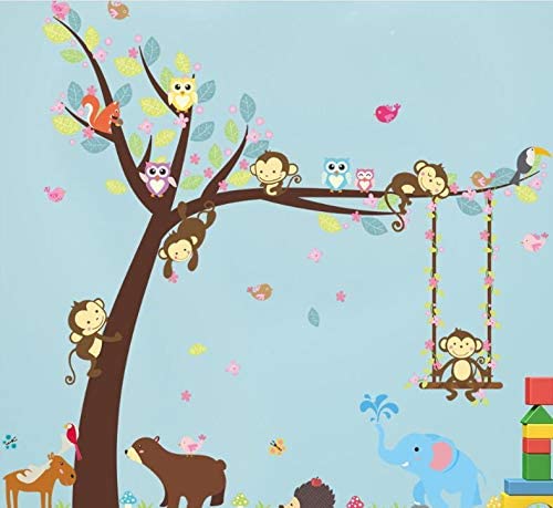 COVPAW Wall Stickers Decor Monkey Swing Tree Owls Jungle Zoo Bear Elephant Kids Nursery Baby Children's Room 139