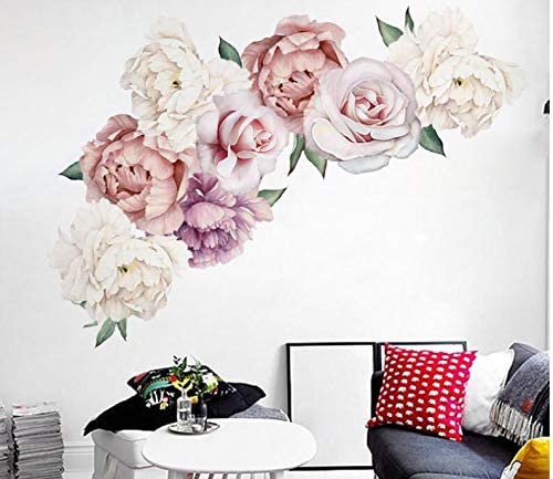 COVPAW Wall Sticker & Mural Peony Rose Vine Pink Home Decor Accent Living Room Bedroom Flower Wall Decal Corridor Stair Removable 63004